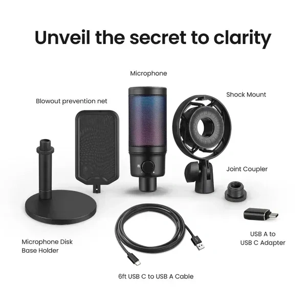 Digitek® Microphone Digitek® DM-301 USB Professional Gaming RGB Microphone – Plug & Play Mic for Streaming, Podcasting & Voice Recording