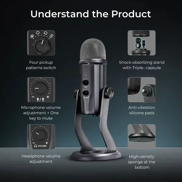 Digitek® Microphone Digitek® DM-601 Metal Desktop USB Microphone – With Shock Mount, Adjustable Stand & Clear Sound Recording