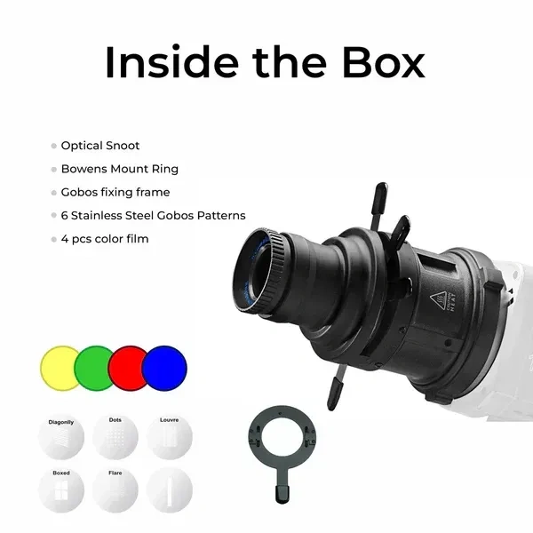 Digitek® Digitek DS-240 Snoot Projector Kit for Photography & Videography | Bowens Mount, 6 GOBO Patterns, 4 Color Films, 38° Lens for LED Continuous Lights