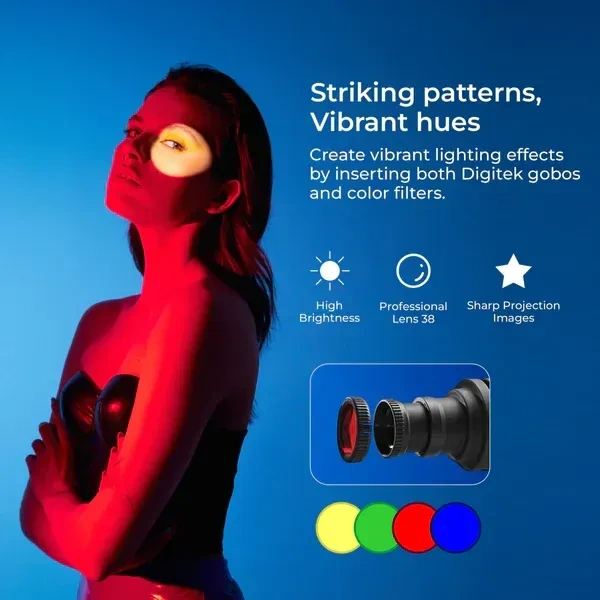 Digitek® Digitek DS-240 Snoot Projector Kit for Photography & Videography | Bowens Mount, 6 GOBO Patterns, 4 Color Films, 38° Lens for LED Continuous Lights
