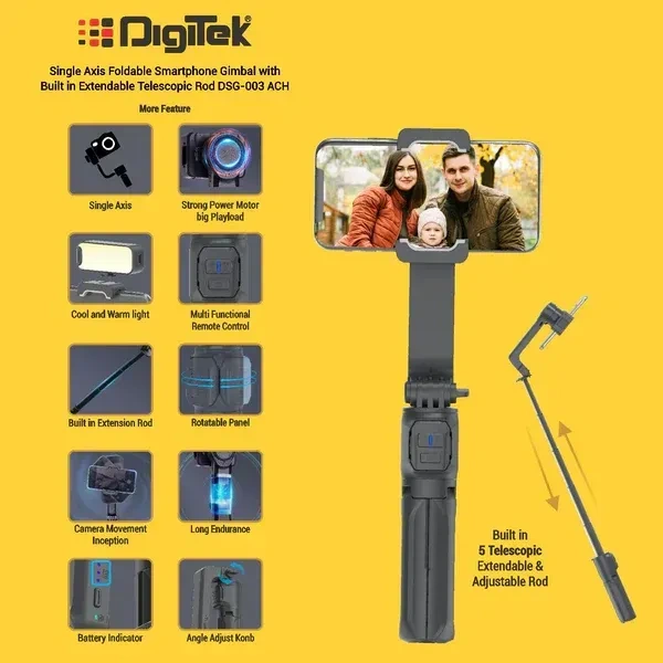 Digitek® Digitek DSG-003 ACH Single-Axis Foldable Smartphone Gimbal | Built-in Telescopic Rod, Mobile Stabilizer for Vlogging & Video Shooting