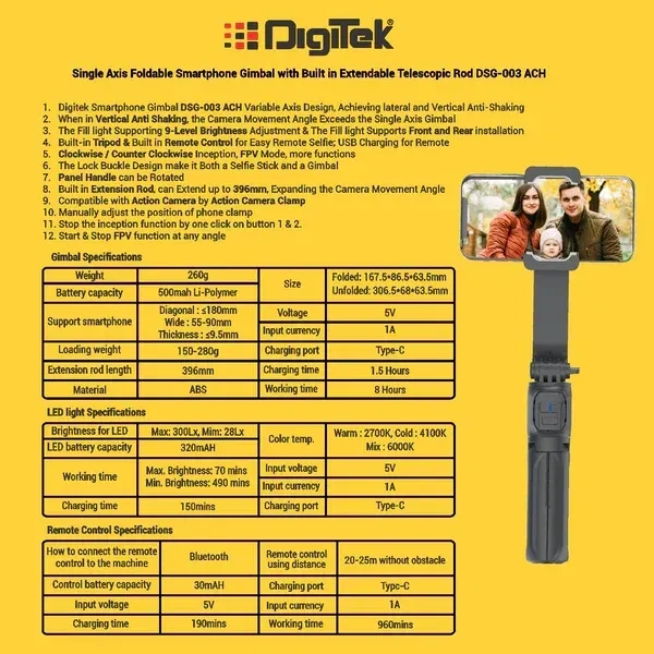 Digitek® Digitek DSG-003 ACH Single-Axis Foldable Smartphone Gimbal | Built-in Telescopic Rod, Mobile Stabilizer for Vlogging & Video Shooting