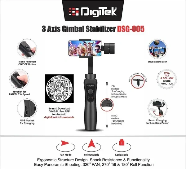 Digitek® Digitek DSG-005 3-Axis Handheld Gimbal Stabilizer for Smartphones & GoPro | Face & Object Tracking, Time-Lapse Modes, Up to 12H Battery