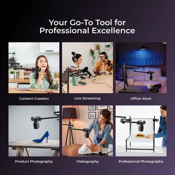 Digitek® Digitek (DTMHA 001) Adjustable Table Mount with Auxiliary Arm | For Stream, Overhead Video, Desktop, Office, Bedroom & Bedhead