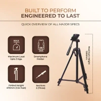 Digitek® Digitek DTR-425 LW Portable Tripod Stand (4.26ft) with Mobile Holder | Lightweight Aluminium Tripod for DSLR & Smartphone | 3kg Load | Pan Head & Quick Release Plate