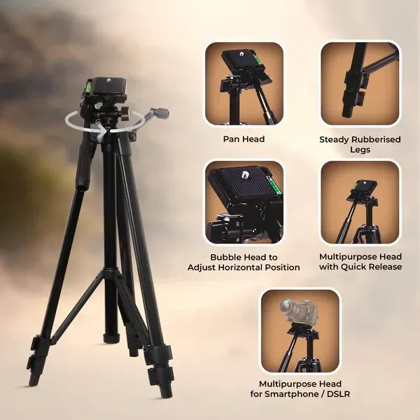 Digitek® Digitek DTR-425 LW Portable Tripod Stand (4.26ft) with Mobile Holder | Lightweight Aluminium Tripod for DSLR & Smartphone | 3kg Load | Pan Head & Quick Release Plate