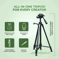 Digitek® Digitek (DTR-490 LW) Foldable Tripod Stand with Mobile Holder | 4.92ft Height, 4kg Load | Pan Head, Quick Release Plate, Rubberised Legs | Tripod for DSLR & Smartphones
