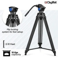 Digitek® Digitek (DTR-510VD PRO PLUS) 70 Inch Professional Video Aluminium Tripod | 5.10ft Height, 15kg Load, Multipurpose Head for Low-Level Shooting & Smooth Panning | Compatible with All DSLR & Video Cameras