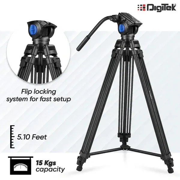 Digitek® Digitek (DTR-510VD PRO PLUS) 70 Inch Professional Video Aluminium Tripod | 5.10ft Height, 15kg Load, Multipurpose Head for Low-Level Shooting & Smooth Panning | Compatible with All DSLR & Video Cameras