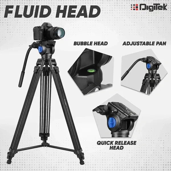Digitek® Digitek (DTR-510VD PRO PLUS) 70 Inch Professional Video Aluminium Tripod | 5.10ft Height, 15kg Load, Multipurpose Head for Low-Level Shooting & Smooth Panning | Compatible with All DSLR & Video Cameras