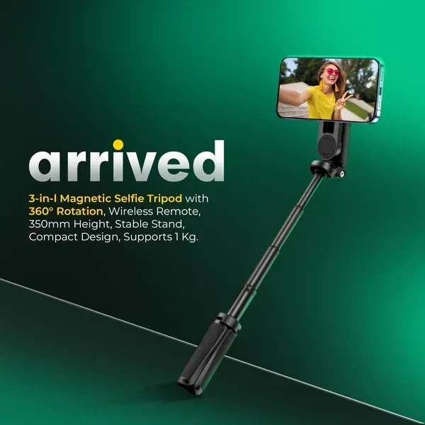Digitek® Digitek (DTR 350 SS) Magnetic Selfie Stick Tripod | 10m Bluetooth Remote, 360° Rotation, Magnetic Phone Mount, 1Kg Load, Compact Design for Travel & Vlogging