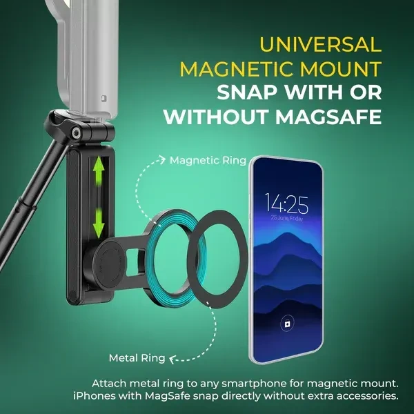 Digitek® Digitek (DTR 350 SS) Magnetic Selfie Stick Tripod | 10m Bluetooth Remote, 360° Rotation, Magnetic Phone Mount, 1Kg Load, Compact Design for Travel & Vlogging