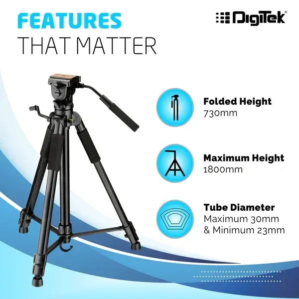 Digitek® Digitek (DTR 590 VD PRO) 5.90ft Aluminum Tripod | 6kg Load Capacity, 2-Way Adjustable Head, Ideal for DSLR & Video Cameras