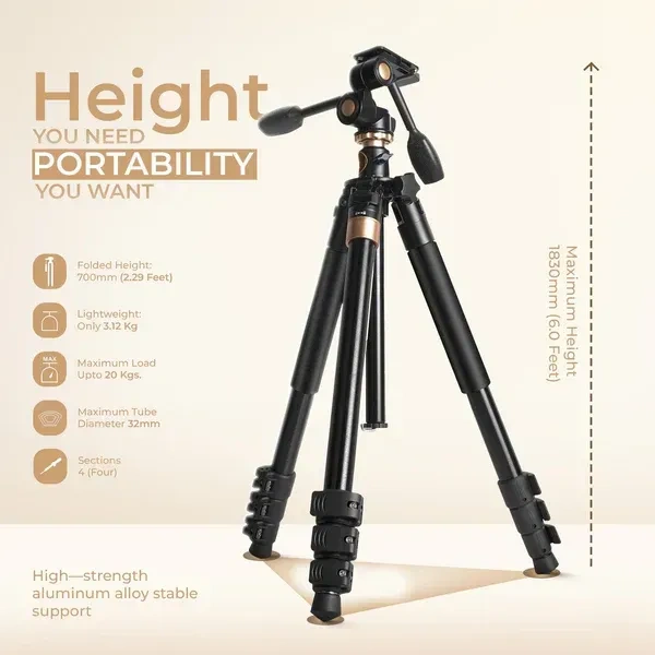 Digitek® Digitek (DTR 620 BH) 6ft Multi-Angle DV Tripod Cum Monopod | 20kg Load, 3-Way Pan & Tilt Head, Central Column, 4-Section Adjustable Legs, Quick Release & Flip Lock for DSLR & Video Cameras