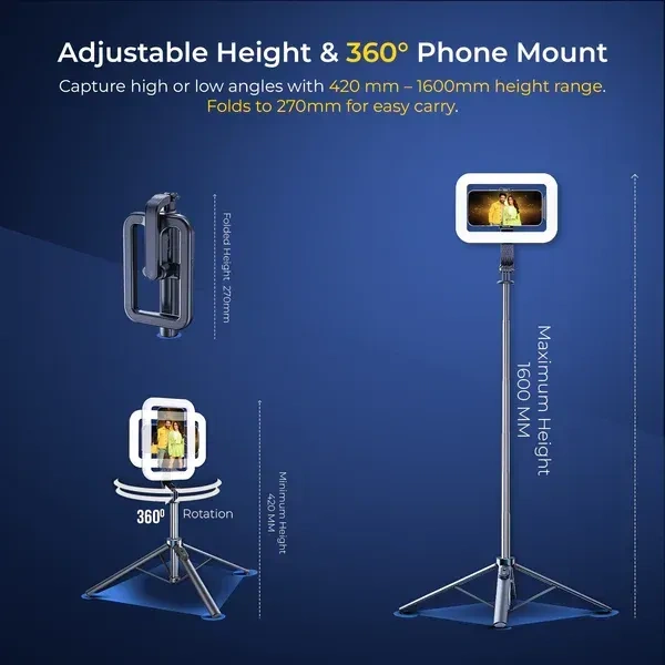 Digitek® Digitek DTR 630 SS Tripod Selfie Stick | Extendable 5.25ft Quadpod with Fill Light, Bluetooth Remote & 360° Rotation | For Android & iPhone Mobile Photography