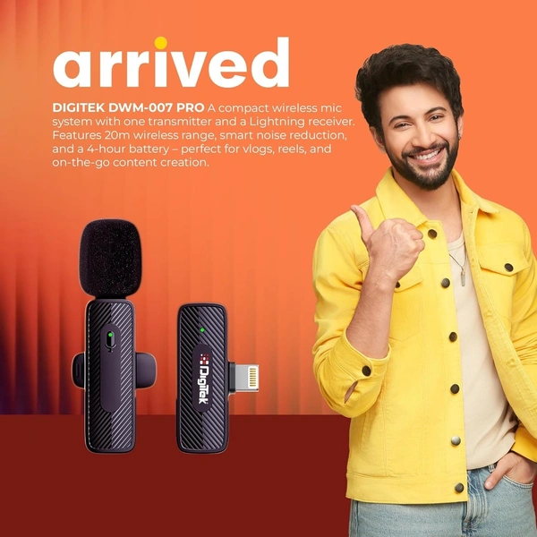 Digitek® DWM-007 PRO Wireless Microphone & Receiver with Lightning Connector | 2.4GHz, 20m Range, 4Hr Battery | Mic for iPhone, Voice Recording & Live Streaming (LTC)