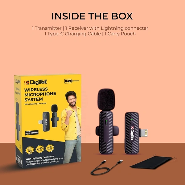 Digitek® DWM-007 PRO Wireless Microphone & Receiver with Lightning Connector | 2.4GHz, 20m Range, 4Hr Battery | Mic for iPhone, Voice Recording & Live Streaming (LTC)