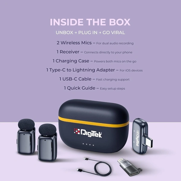 Digitek® DWM-103 Mini 2-in-1 Wireless Microphone | Clear Sound, Noise Reduction, Ideal for Recording & Vlogging