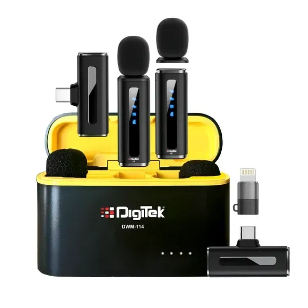 Digitek® DWM-114 2-in-1 Wireless Microphone | 2.4GHz, 40m Range, 6.6Hr Battery, Noise Reduction | Plug & Play Mic for iPhone & Android – Ideal for Vlogging, Interviews & Video Recording