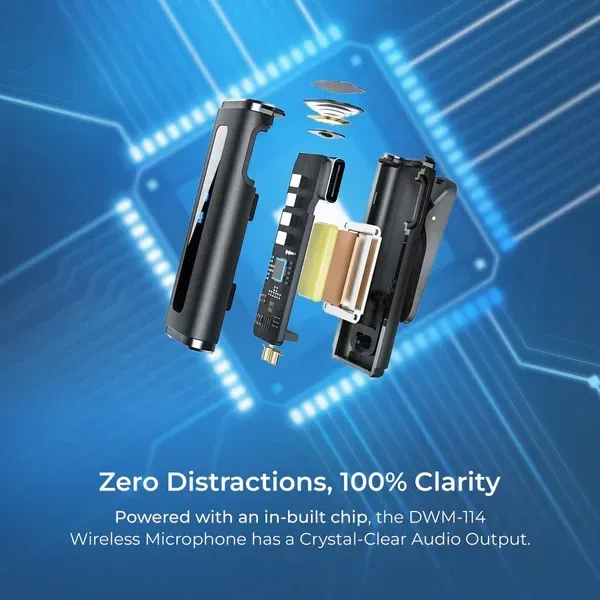 Digitek® DWM-114 2-in-1 Wireless Microphone | 2.4GHz, 40m Range, 6.6Hr Battery, Noise Reduction | Plug & Play Mic for iPhone & Android – Ideal for Vlogging, Interviews & Video Recording