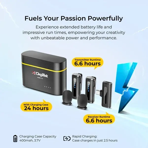 Digitek® DWM-114 2-in-1 Wireless Microphone | 2.4GHz, 40m Range, 6.6Hr Battery, Noise Reduction | Plug & Play Mic for iPhone & Android – Ideal for Vlogging, Interviews & Video Recording