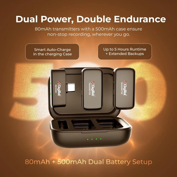 Digitek® DWM-120 2.4G Wireless Microphone System – 50m Range, 4.5Hr Battery, Noise Reduction, iPhone & Android Compatible, Perfect for Vlogging, Streaming & Interviews