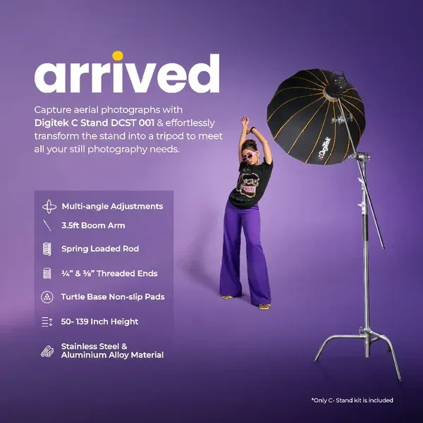 Digitek® Digitek Heavy Duty C-Stand (Black) | 10ft Adjustable Light Stand with 3.5ft Holding Arm & Grip Head | Ideal for Studio Lights, Reflectors & Monolights