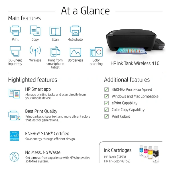 HP Ink Tank 419 WiFi Colour Printer, Scanner and Copier for Home/Office, High Capacity Tank