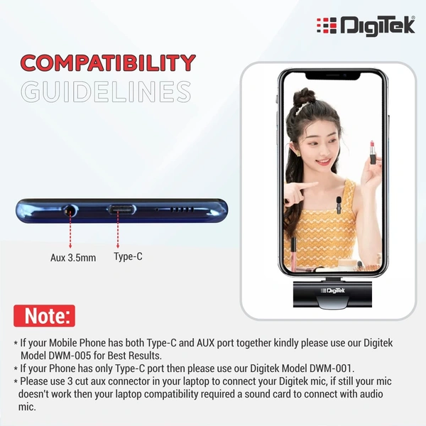 Digitek® Digitek DWM-001 Wireless Microphone & Receiver with Type-C, Clear Sound, Plug & Play for Android & DSLR