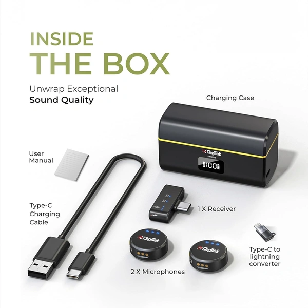 Digitek® DIGITEK® DWM-115 2-in-1 Wireless Microphone System 2.4GHz, Dual Mic Setup, Clear Audio for DSLR & Smartphones