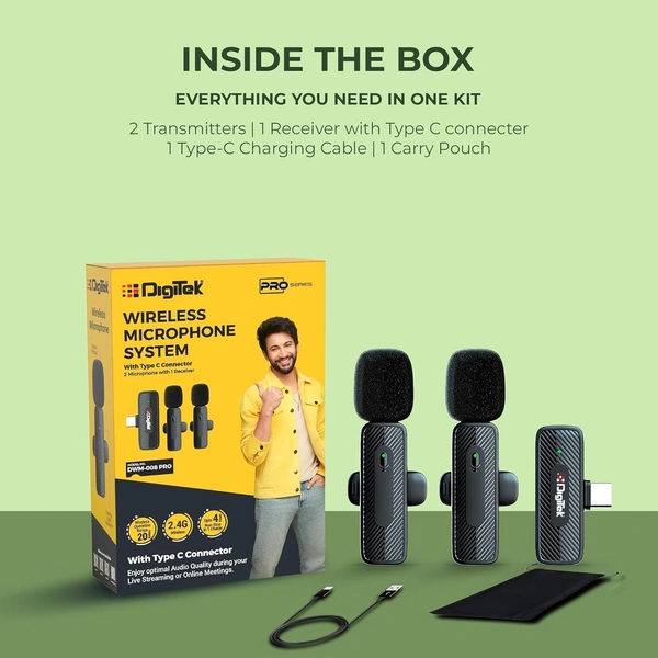Digitek® DWM-008 PRO Wireless Microphone & Receiver with Type-C | High-Quality Audio, Professional Performance