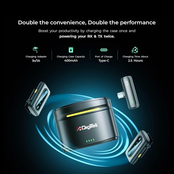 Digitek® DWM-112 2-in-1 Wireless Microphone System | 50M Range, Noise Reduction, Clear Audio for Recording & Streaming