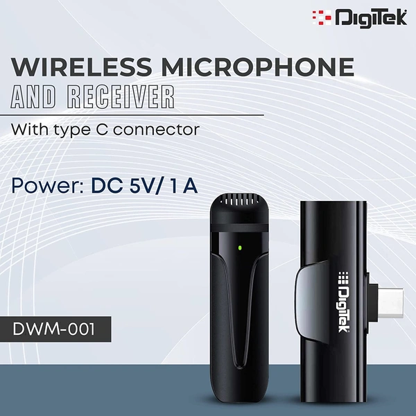 Digitek® Digitek DWM-001 Wireless Microphone & Receiver with Type-C, Clear Sound, Plug & Play for Android & DSLR