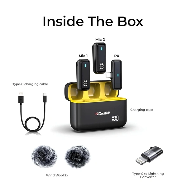 Digitek® DWM 105 2-in-1 Wireless Microphone System with ANC Noise Reduction, Dual Mic Setup, Long Range, Clear Audio for DSLR, Android & iPhone