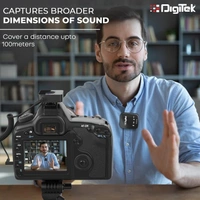 Digitek® DWM 101 Wireless Microphone System with ANC Noise Reduction, 360° Sound Capture, 100M Range, Up to 12 Hrs Battery, for DSLR, Android & iPhone