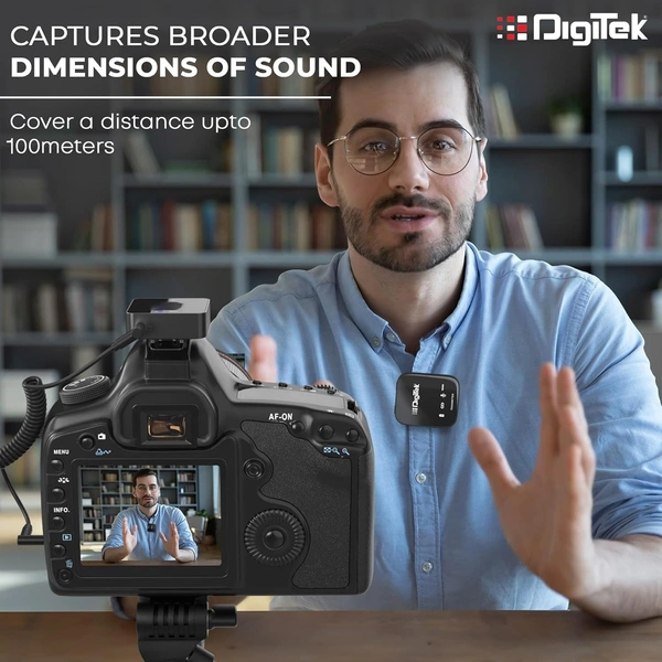 Digitek® DWM 101 Wireless Microphone System with ANC Noise Reduction, 360° Sound Capture, 100M Range, Up to 12 Hrs Battery, for DSLR, Android & iPhone