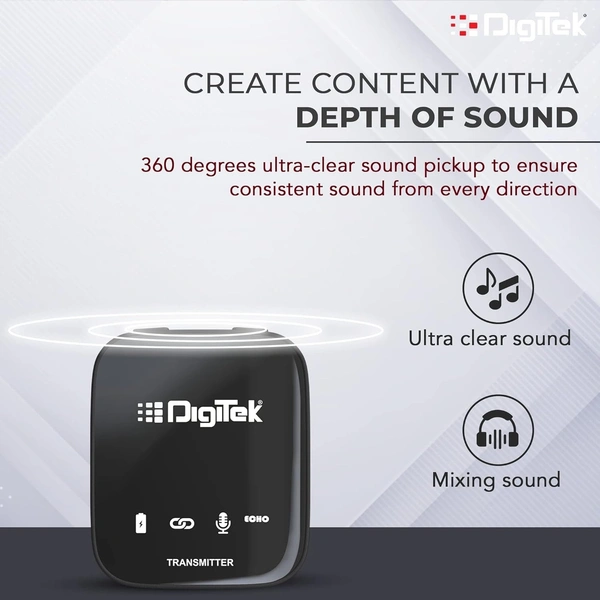 Digitek® DWM 101 Wireless Microphone System with ANC Noise Reduction, 360° Sound Capture, 100M Range, Up to 12 Hrs Battery, for DSLR, Android & iPhone