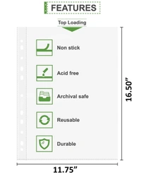 Sheet Protectors - A3 Size (Double of A4) - 200 Micron Thick - 11 Holes to fit in Any File - Pack of 50 | Royal Stationers Best Quality Guarantee