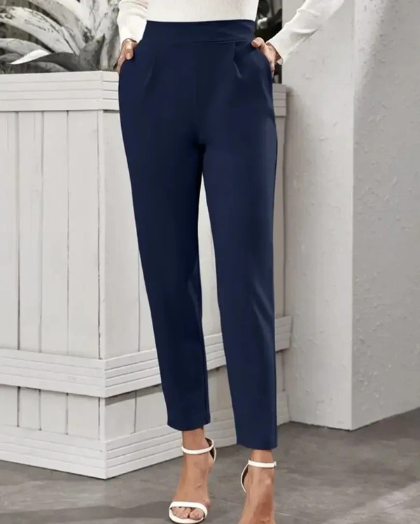 Stylish Navy Blue Poly Lycra Solid Trousers For Women - 26