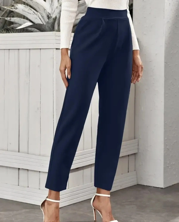 Stylish Navy Blue Poly Lycra Solid Trousers For Women - 26