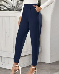 Stylish Navy Blue Poly Lycra Solid Trousers For Women - 28