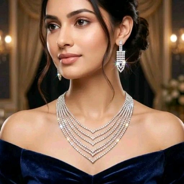Luxury premium necklace|Silver Plated Rhinestone Layered Necklace and Earring Set for Women | Party Wear
