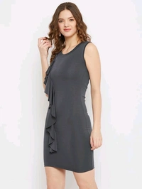 U&F Solid Polyester Scuba Bodycon Round Neck Party Dress59 - XS