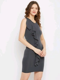 U&F Solid Polyester Scuba Bodycon Round Neck Party Dress59 - XS