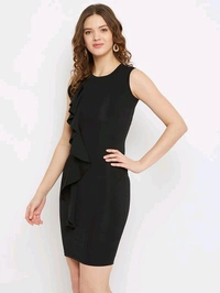 U&F Solid Polyester Scuba Bodycon Round Neck Party Dress05 - S