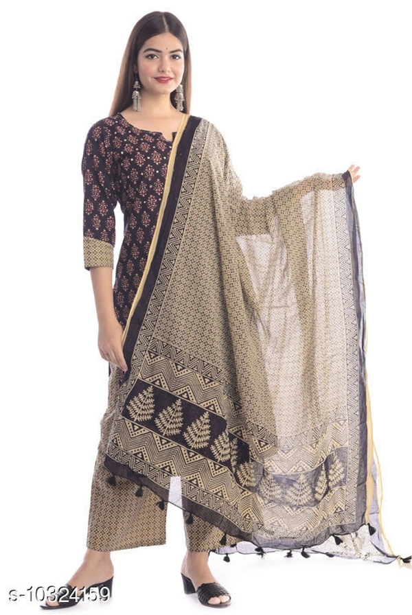 Women Cotton A-line Printed Palazzos Dupatta Set - M
