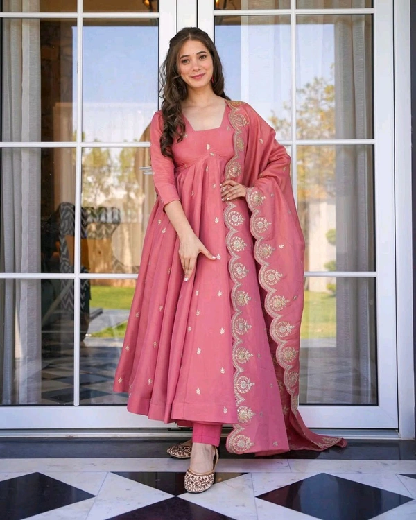 Designer Partywear Anarkali Gown With Pant and Dupatta Set - L