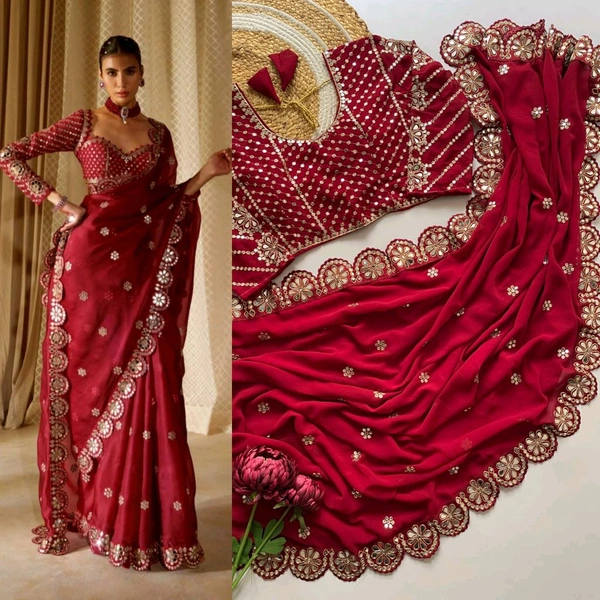 Blockbuster Mirror Work Saree With Stiched Blouse