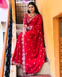 Blockbuster Mirror Work Saree With Stiched Blouse