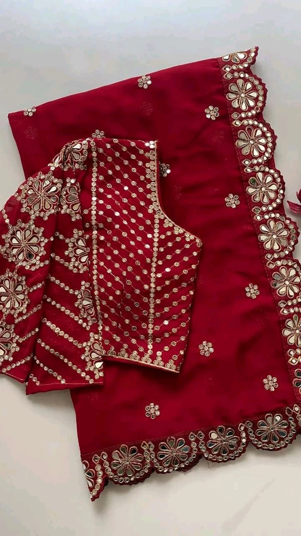 Blockbuster Mirror Work Saree With Stiched Blouse